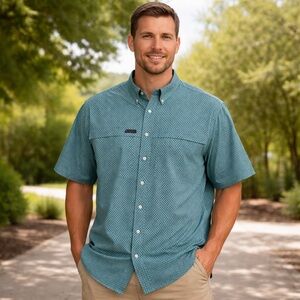 Panhandle Performance Mens XL Relaxed Fit Button Front Shirt Green geometric